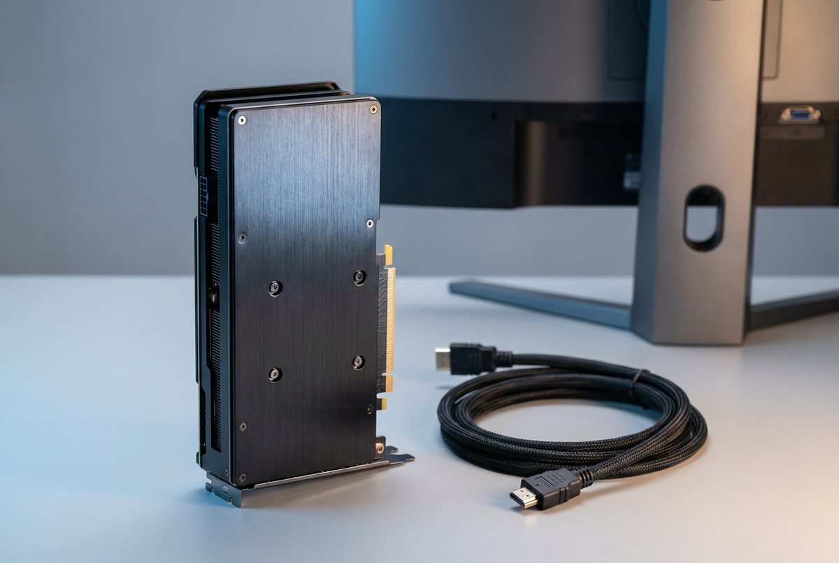 立在浅灰桌面上的黑色显卡，旁边盘绕着一根 HDMI 线