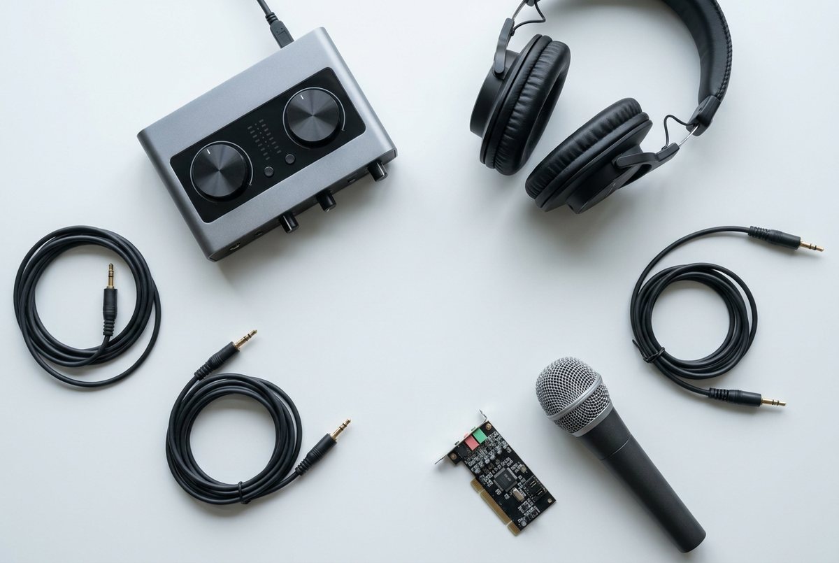 桌面上的 USB 声卡、耳机、麦克风与 3.5mm 音频线