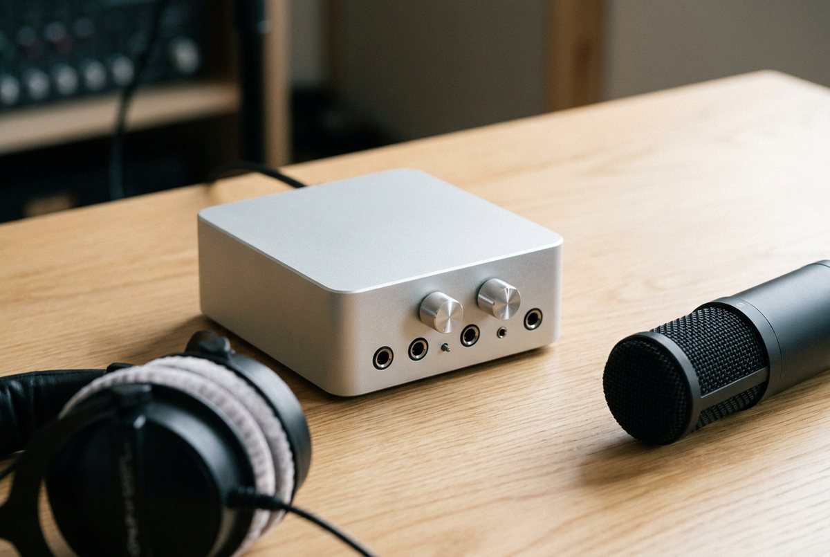 桌面上的银色 USB 外置录音声卡，旁边一支电容麦克风与一副耳机