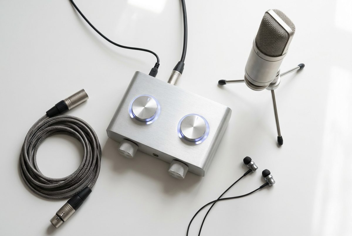 桌面上的 USB 直播声卡、电容麦克风与音频线