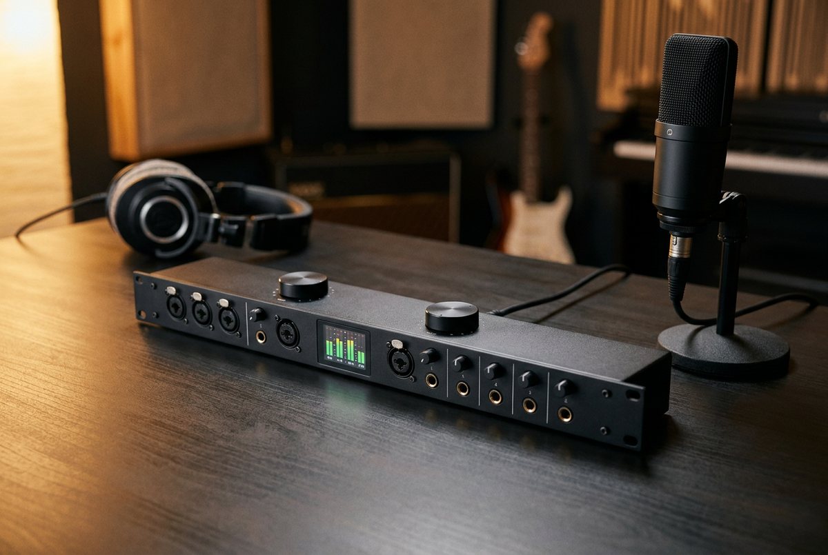 深色木桌上的黑色 USB 音频接口，旁边是电容麦克风与录音棚耳机