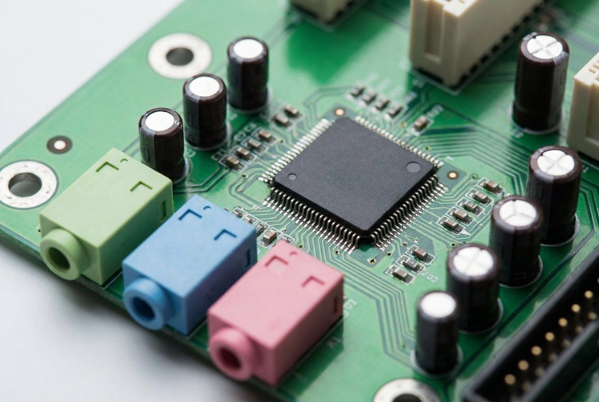 老式主板音频区域特写：绿色 PCB 上的方形音频芯片与三个彩色 3.5mm 插孔
