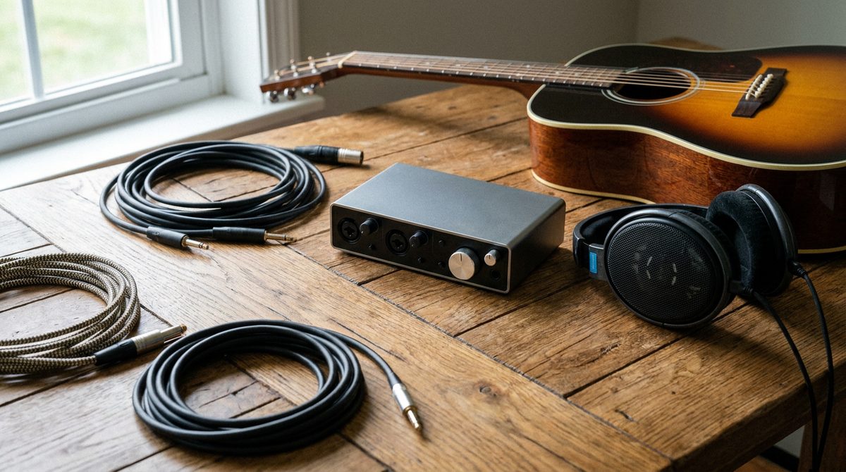 USB 音频接口与乐器实拍:吉他、耳机与音频线