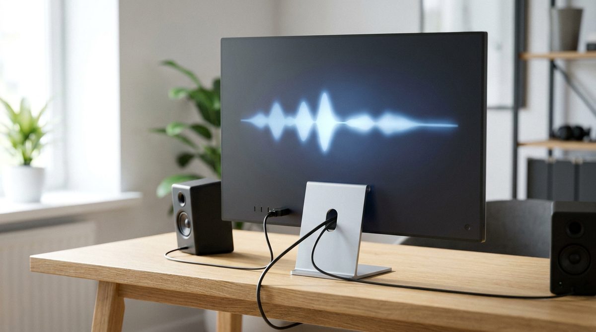 显示器音频通路实拍:显示器经 HDMI 接收声音,画面显示音频波形,旁边为主机音箱